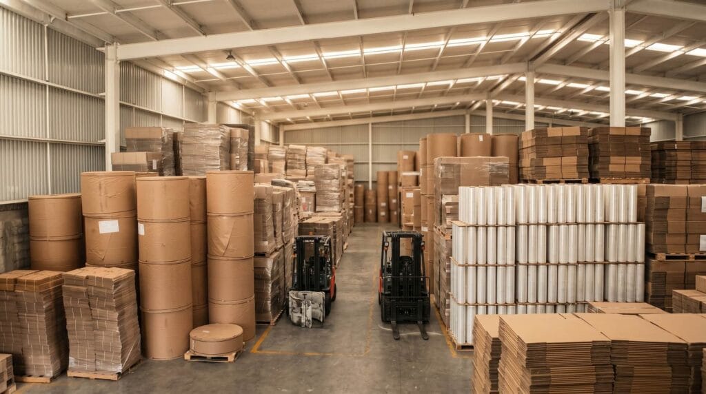 Pasillo con estantería e inventario de empaque en la bodega de Paak de México en Tultitlán