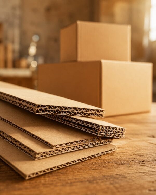 Cajas de cartón corrugado y detalle de flautas del corrugado, distribuidas por Paak de México