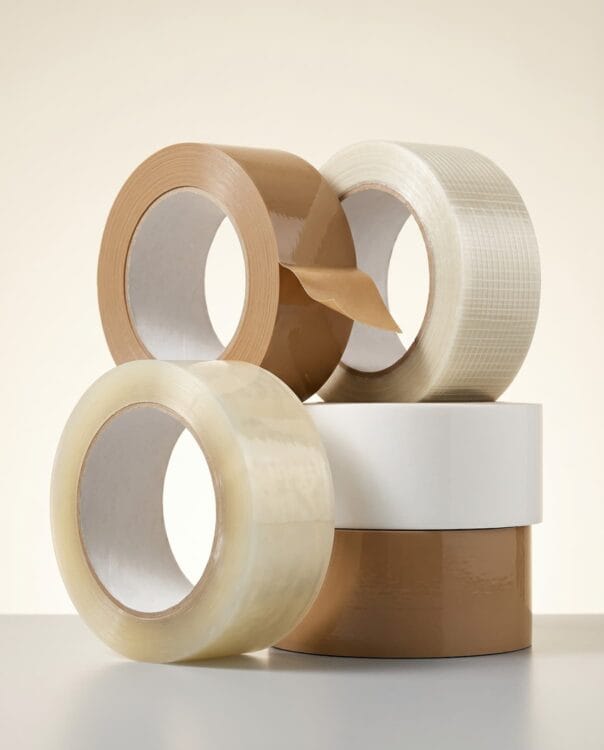 Rollos de cinta adhesiva industrial canela y transparente para cierre de cajas, Paak de México