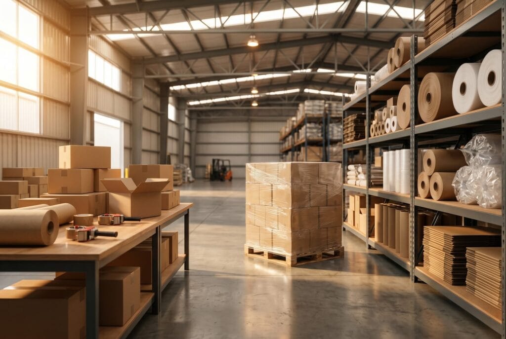 Estación de packing, tarima y estantería con soluciones de empaque por industria de Paak de México