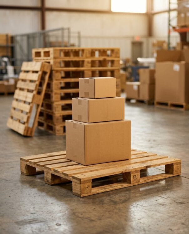 Tarima de madera con cajas para carga paletizada, distribuida por Paak de México