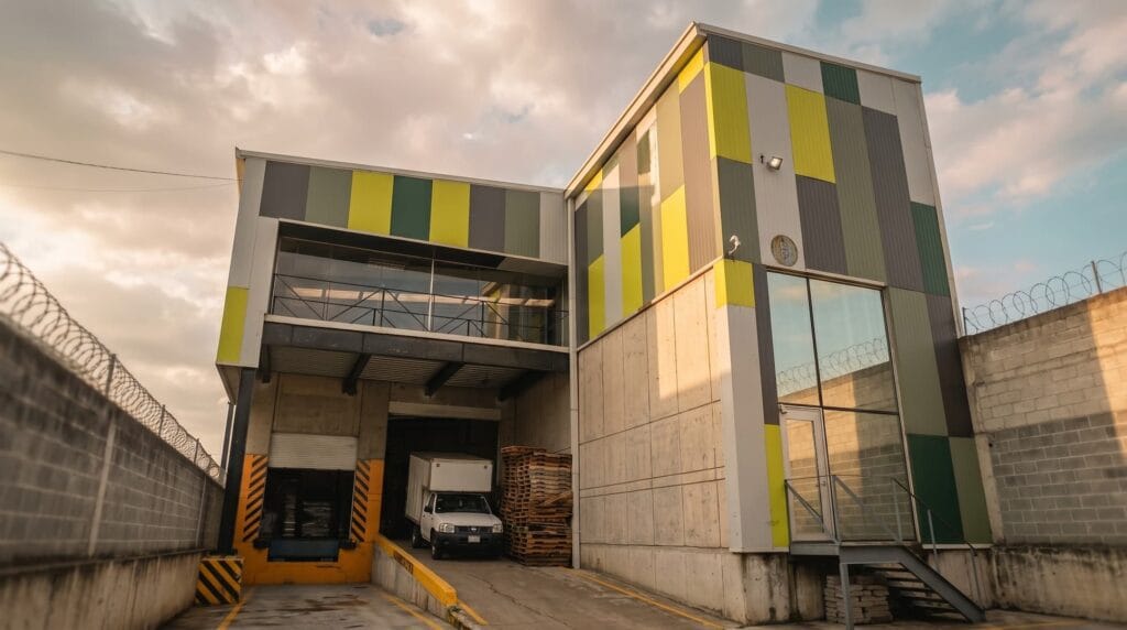 Vehículo de reparto y fachada de Paak de México en el andén de carga en Tultitlán