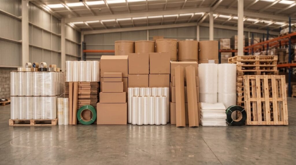Materiales de empaque industrial en almacén de Paak de México: película stretch, cajas de cartón corrugado, papel kraft, cintas adhesivas, flejes y esquineros